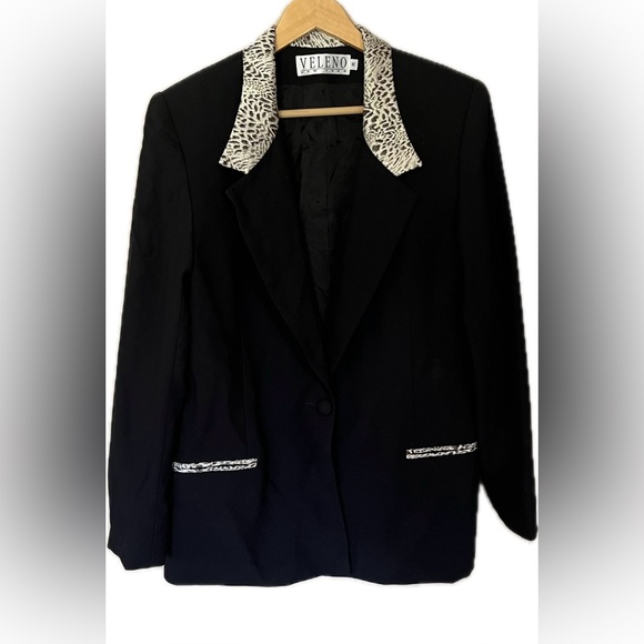 Veleno Elegant Women's black jacket blazer with leopard collar Size M - Picture 2 of 9